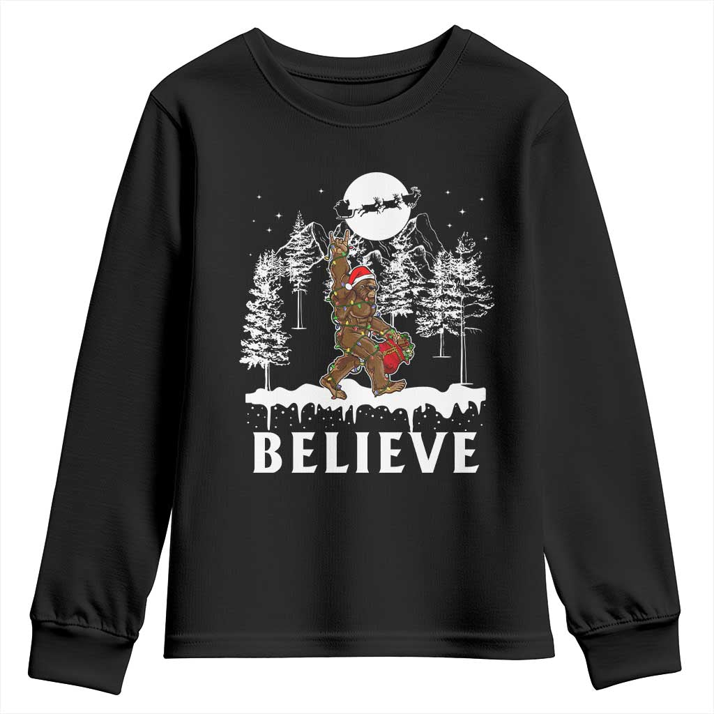 Bigfoot Christmas Tree Lights Youth Sweatshirt Believe Rock On Sasquatch Santa Hat TS10 Black Print Your Wear
