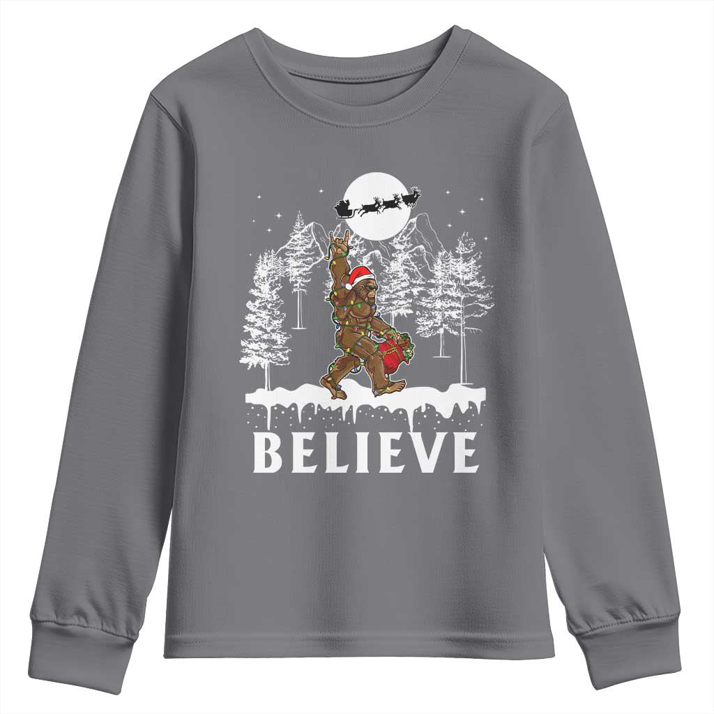 Bigfoot Christmas Tree Lights Youth Sweatshirt Believe Rock On Sasquatch Santa Hat TS10 Charcoal Print Your Wear