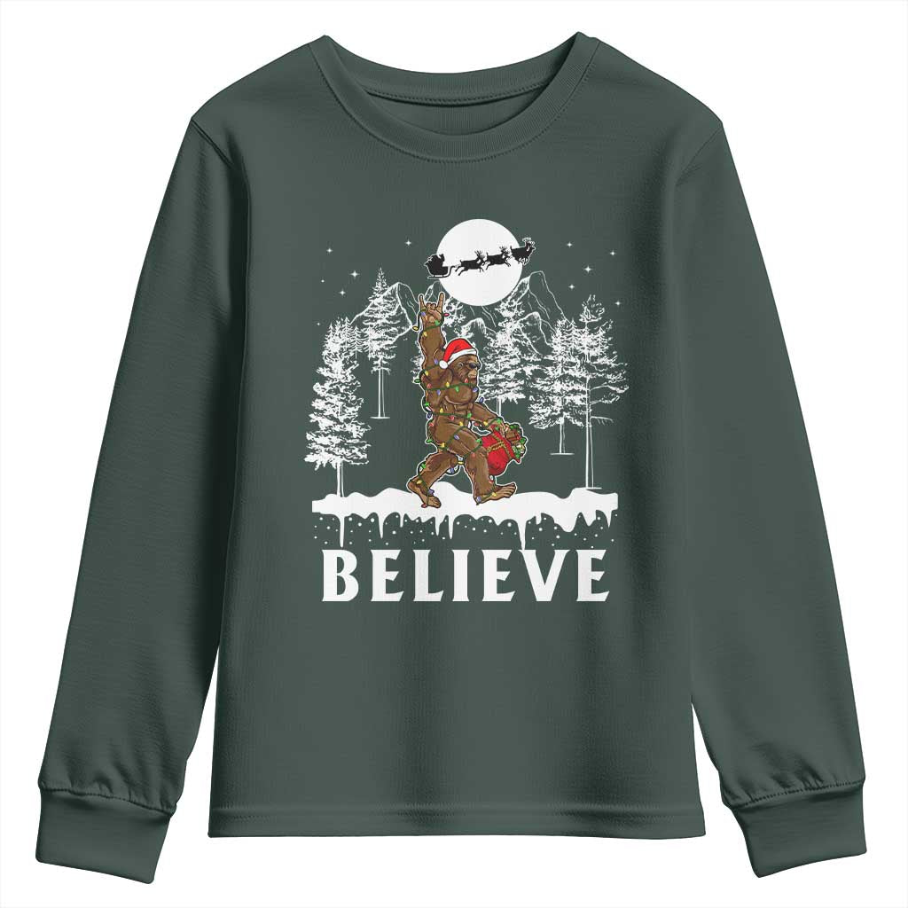 Bigfoot Christmas Tree Lights Youth Sweatshirt Believe Rock On Sasquatch Santa Hat TS10 Dark Forest Green Print Your Wear