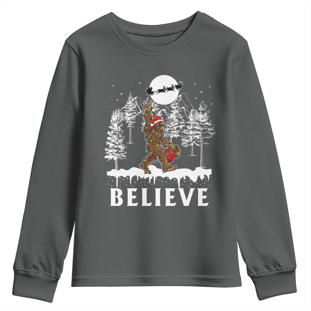 Bigfoot Christmas Tree Lights Youth Sweatshirt Believe Rock On Sasquatch Santa Hat TS10 Dark Heather Print Your Wear