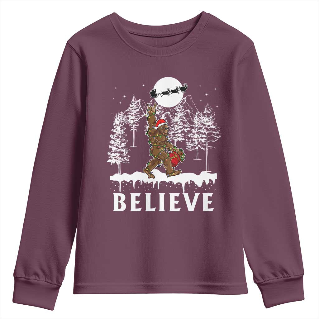 Bigfoot Christmas Tree Lights Youth Sweatshirt Believe Rock On Sasquatch Santa Hat TS10 Maroon Print Your Wear