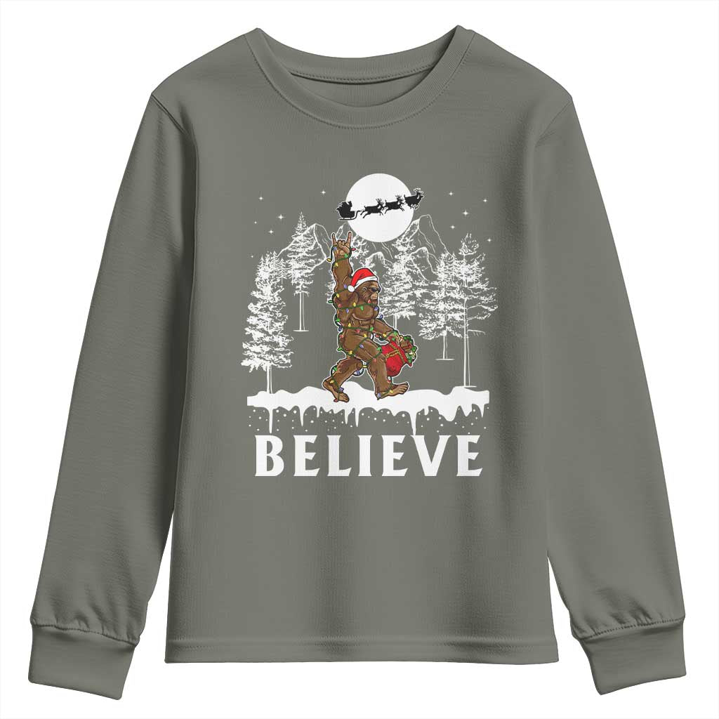 Bigfoot Christmas Tree Lights Youth Sweatshirt Believe Rock On Sasquatch Santa Hat TS10 Military Green Print Your Wear