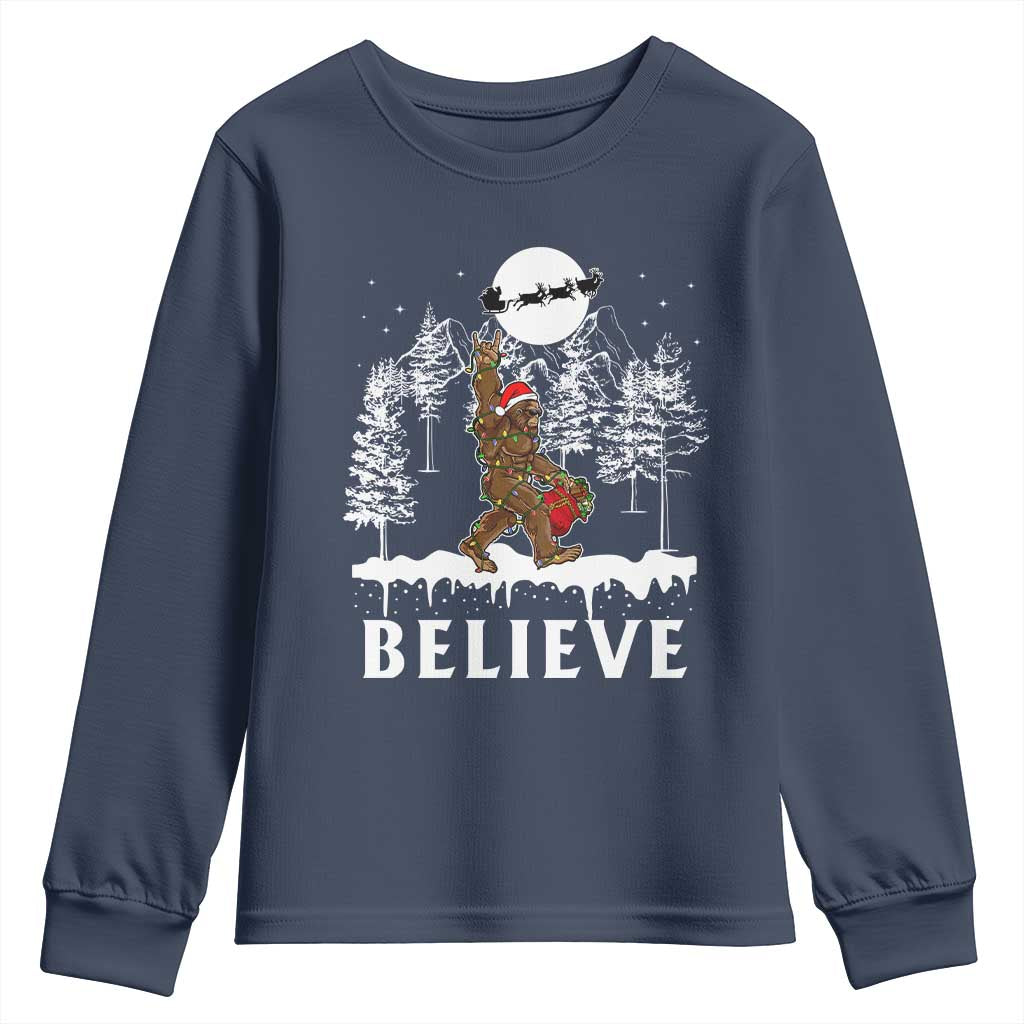 Bigfoot Christmas Tree Lights Youth Sweatshirt Believe Rock On Sasquatch Santa Hat TS10 Navy Print Your Wear
