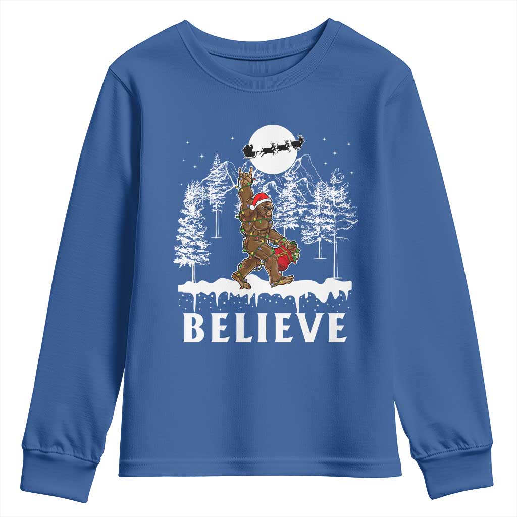 Bigfoot Christmas Tree Lights Youth Sweatshirt Believe Rock On Sasquatch Santa Hat TS10 Royal Blue Print Your Wear