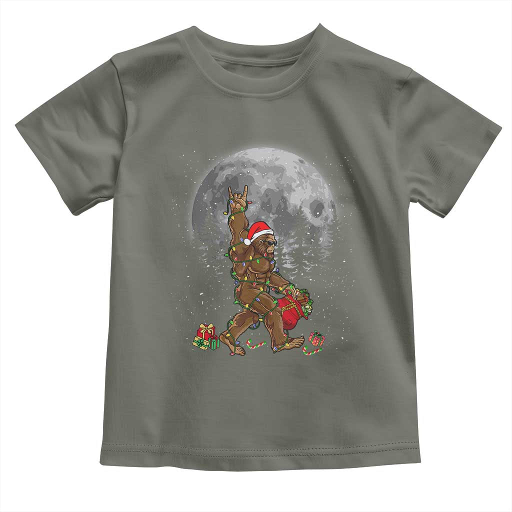 Bigfoot Christmas Tree Lights Baby Shirt Believe Bigfoot Santa Hat Sasquatch Loves Rock On TS10 Military Green Print Your Wear