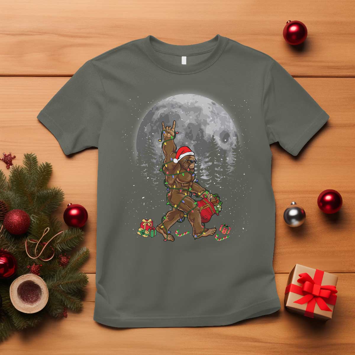Bigfoot Christmas Tree Lights T Shirt Believe Bigfoot Santa Hat Sasquatch Loves Rock On TS10 Military Green Print Your Wear
