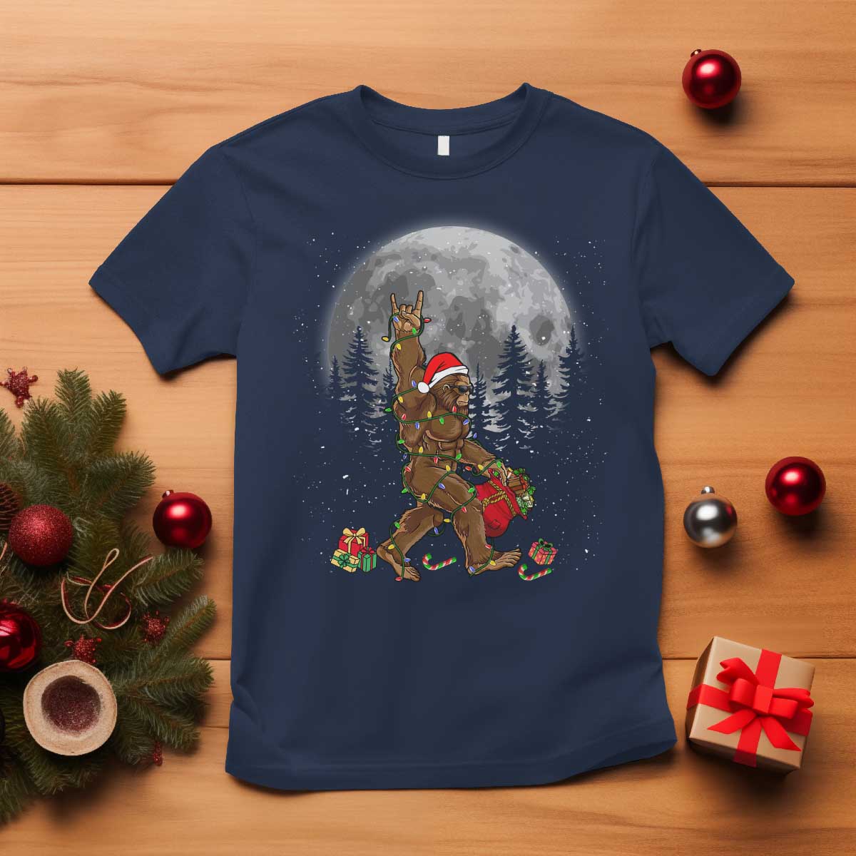 Bigfoot Christmas Tree Lights T Shirt Believe Bigfoot Santa Hat Sasquatch Loves Rock On TS10 Navy Print Your Wear