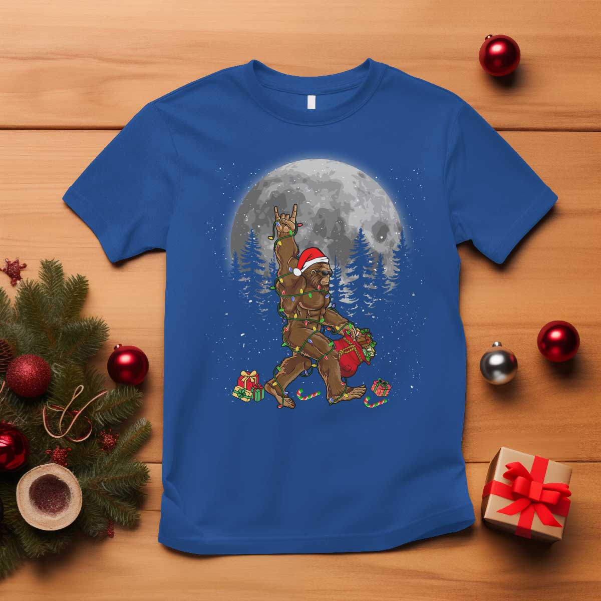 Bigfoot Christmas Tree Lights T Shirt Believe Bigfoot Santa Hat Sasquatch Loves Rock On TS10 Royal Blue Print Your Wear