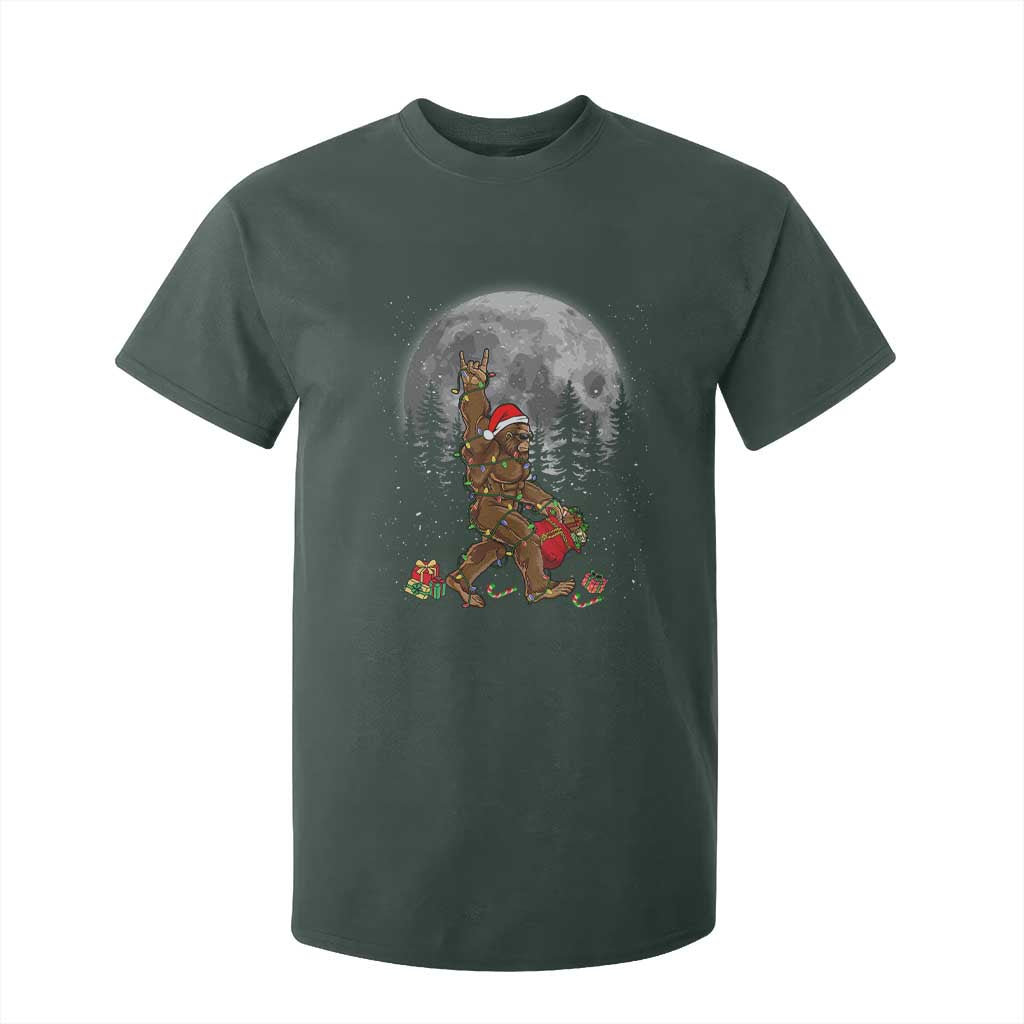Bigfoot Christmas Tree Lights T Shirt For Kid Believe Bigfoot Santa Hat Sasquatch Loves Rock On TS10 Dark Forest Green Print Your Wear