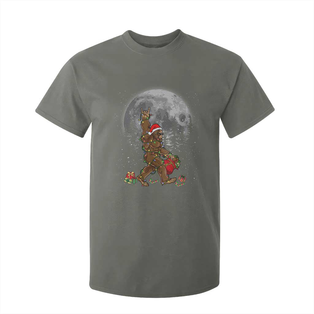Bigfoot Christmas Tree Lights T Shirt For Kid Believe Bigfoot Santa Hat Sasquatch Loves Rock On TS10 Military Green Print Your Wear