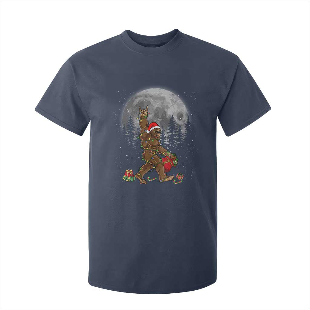 Bigfoot Christmas Tree Lights T Shirt For Kid Believe Bigfoot Santa Hat Sasquatch Loves Rock On TS10 Navy Print Your Wear