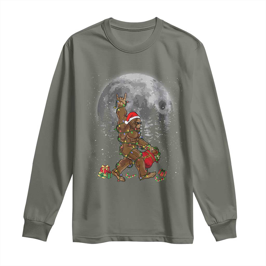 Bigfoot Christmas Tree Lights Long Sleeve Shirt Believe Bigfoot Santa Hat Sasquatch Loves Rock On TS10 Military Green Print Your Wear