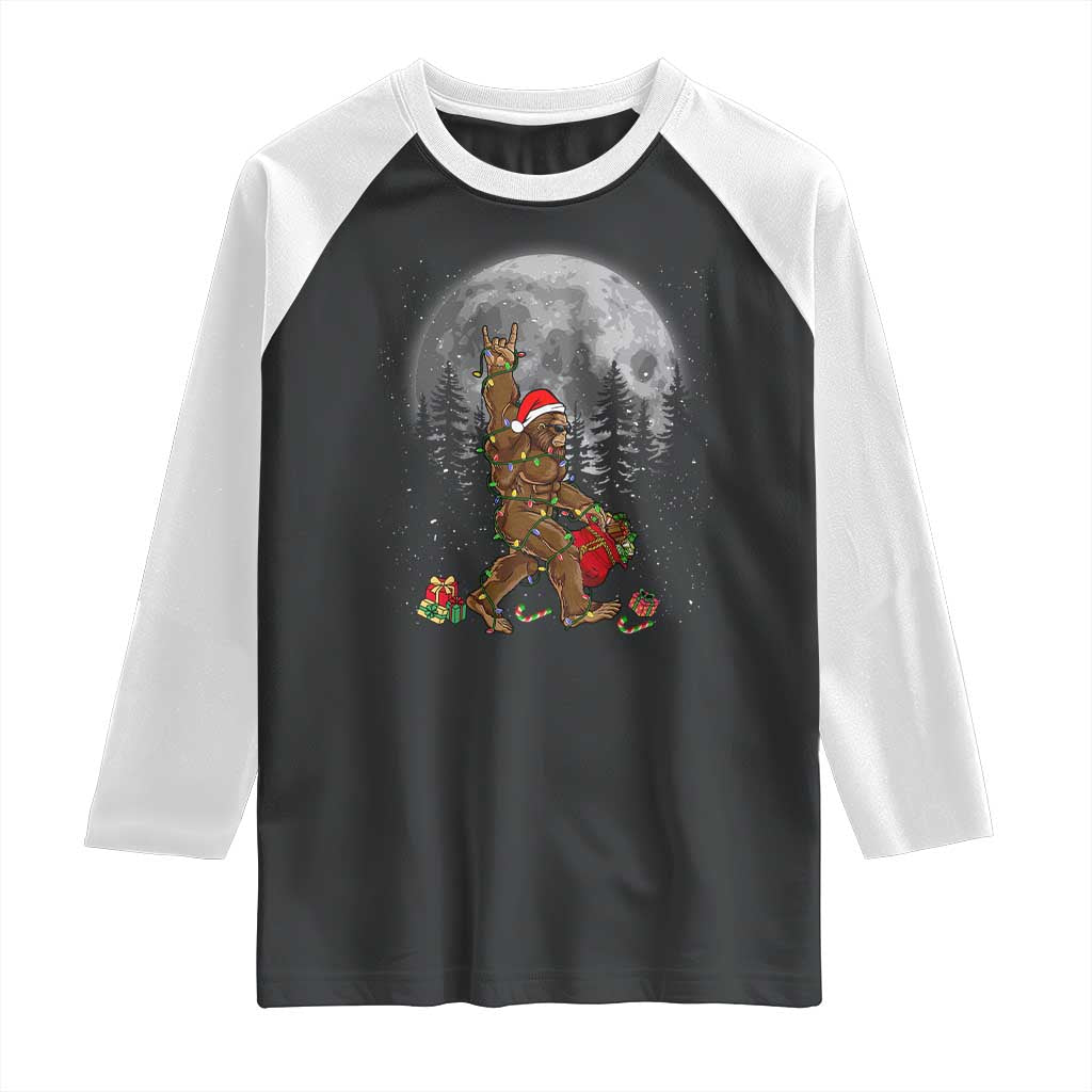 Bigfoot Christmas Tree Lights Raglan Shirt Believe Bigfoot Santa Hat Sasquatch Loves Rock On TS10 Black White Print Your Wear
