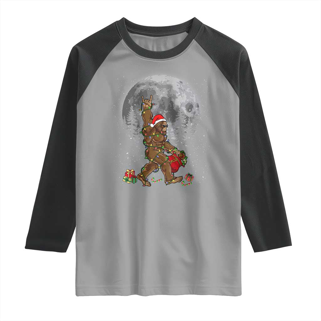 Bigfoot Christmas Tree Lights Raglan Shirt Believe Bigfoot Santa Hat Sasquatch Loves Rock On TS10 Sport Gray Black Print Your Wear