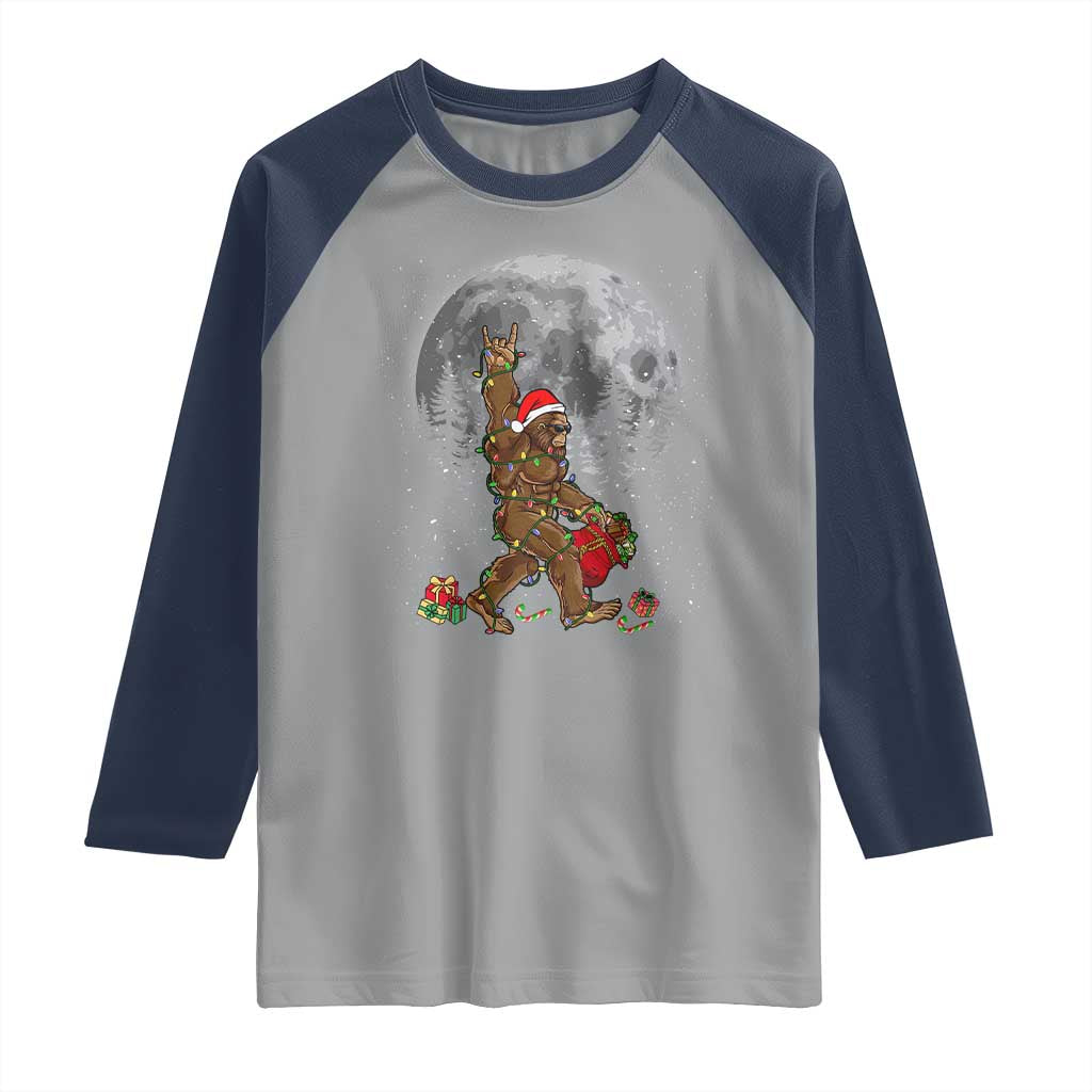 Bigfoot Christmas Tree Lights Raglan Shirt Believe Bigfoot Santa Hat Sasquatch Loves Rock On TS10 Sport Gray Navy Print Your Wear