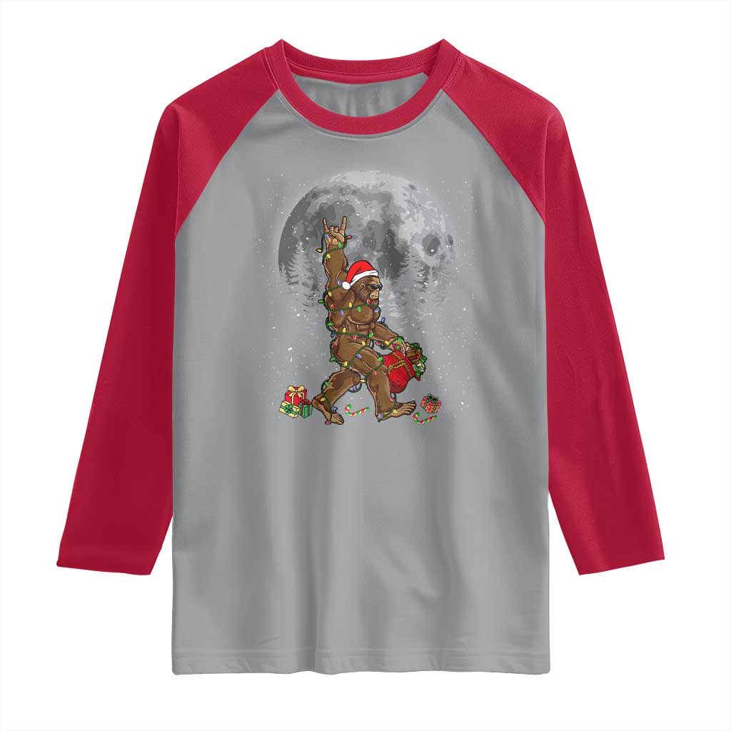 Bigfoot Christmas Tree Lights Raglan Shirt Believe Bigfoot Santa Hat Sasquatch Loves Rock On TS10 Sport Gray Red Print Your Wear