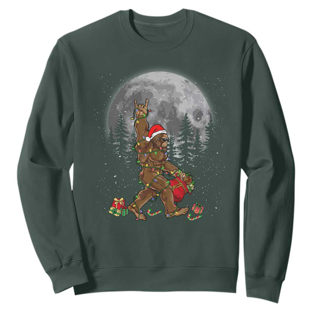 Bigfoot Christmas Tree Lights Sweatshirt Believe Bigfoot Santa Hat Sasquatch Loves Rock On TS10 Dark Forest Green Print Your Wear