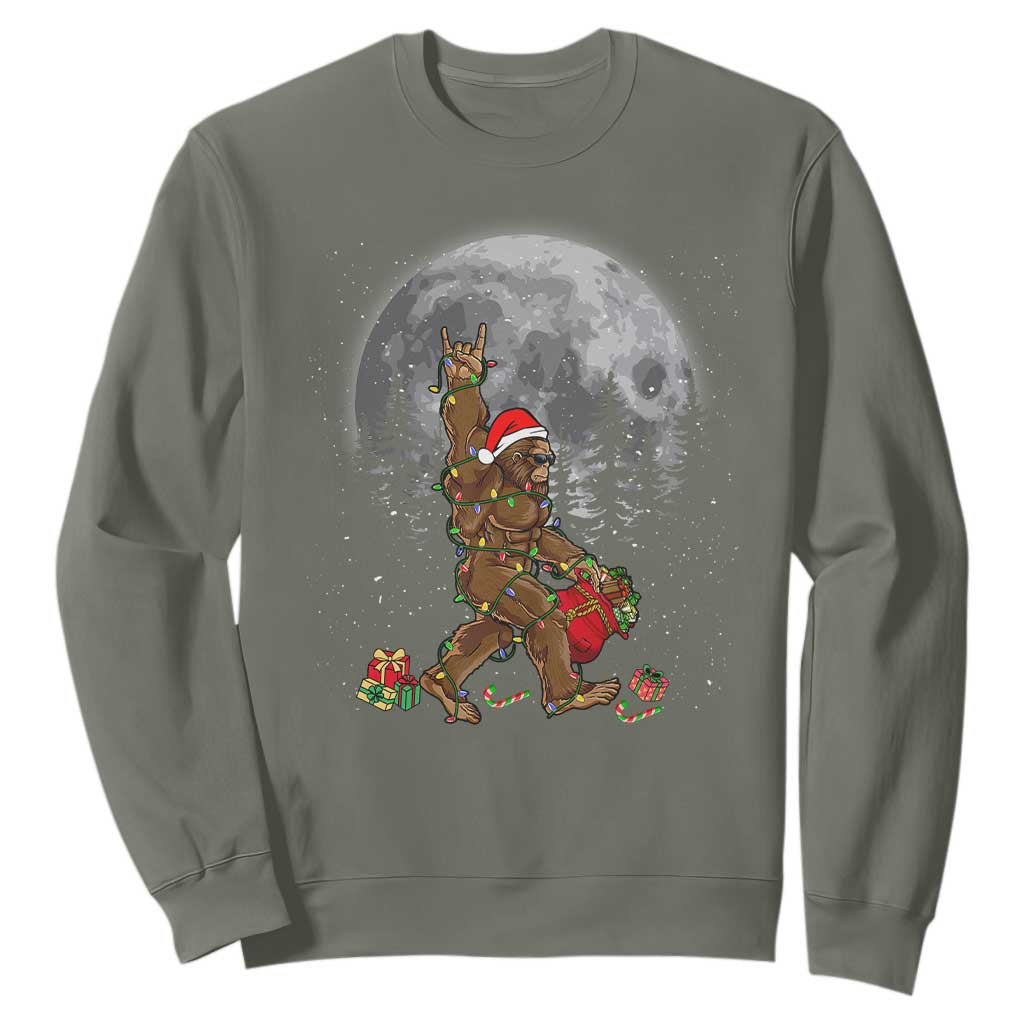 Bigfoot Christmas Tree Lights Sweatshirt Believe Bigfoot Santa Hat Sasquatch Loves Rock On TS10 Military Green Print Your Wear