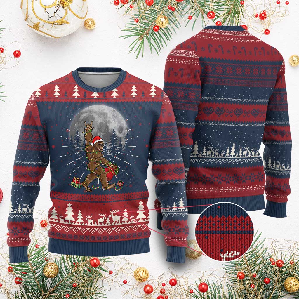 Bigfoot Christmas Tree Lights Ugly Christmas Sweater Believe Bigfoot Santa Hat Sasquatch Loves Rock On TS10 Burgundy Print Your Wear