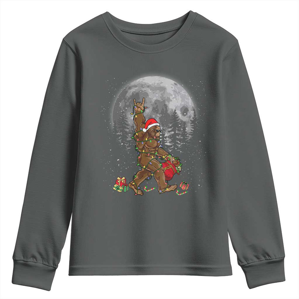 Bigfoot Christmas Tree Lights Youth Sweatshirt Believe Bigfoot Santa Hat Sasquatch Loves Rock On TS10 Dark Heather Print Your Wear