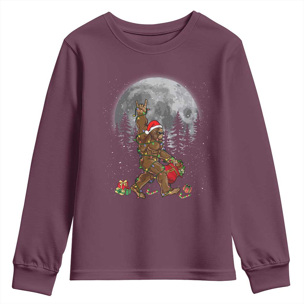 Bigfoot Christmas Tree Lights Youth Sweatshirt Believe Bigfoot Santa Hat Sasquatch Loves Rock On TS10 Maroon Print Your Wear