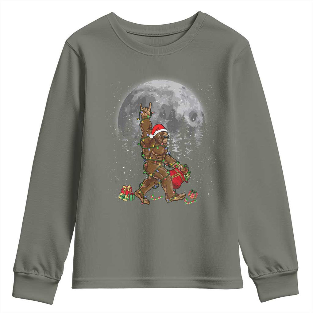 Bigfoot Christmas Tree Lights Youth Sweatshirt Believe Bigfoot Santa Hat Sasquatch Loves Rock On TS10 Military Green Print Your Wear