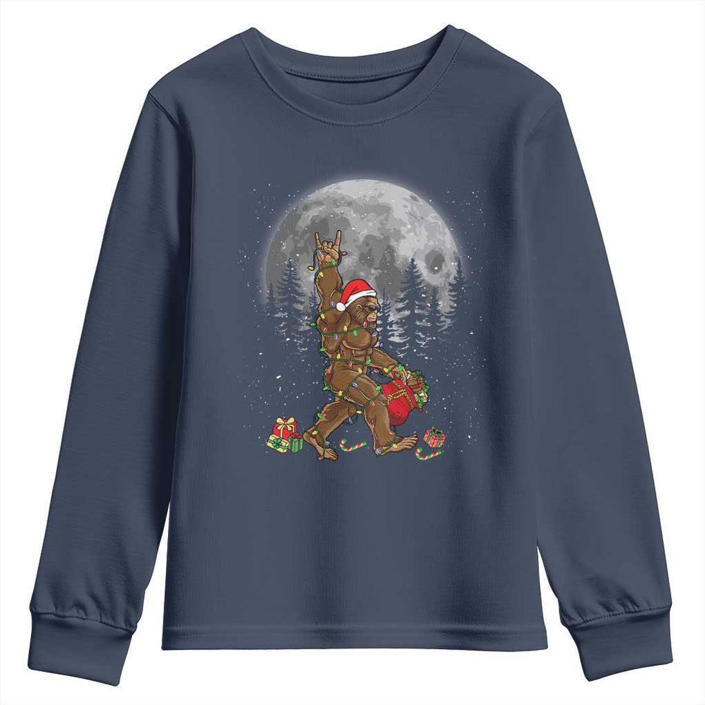 Bigfoot Christmas Tree Lights Youth Sweatshirt Believe Bigfoot Santa Hat Sasquatch Loves Rock On TS10 Navy Print Your Wear