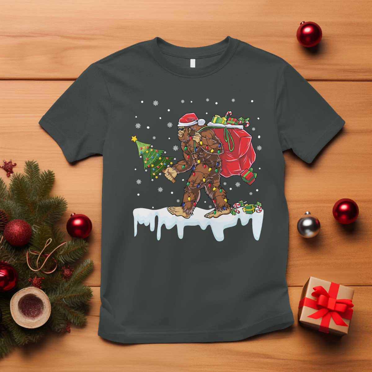 Bigfoot Christmas Tree Lights T Shirt Believe Xmas Sasquatch Lovers Funny TS10 Dark Heather Print Your Wear