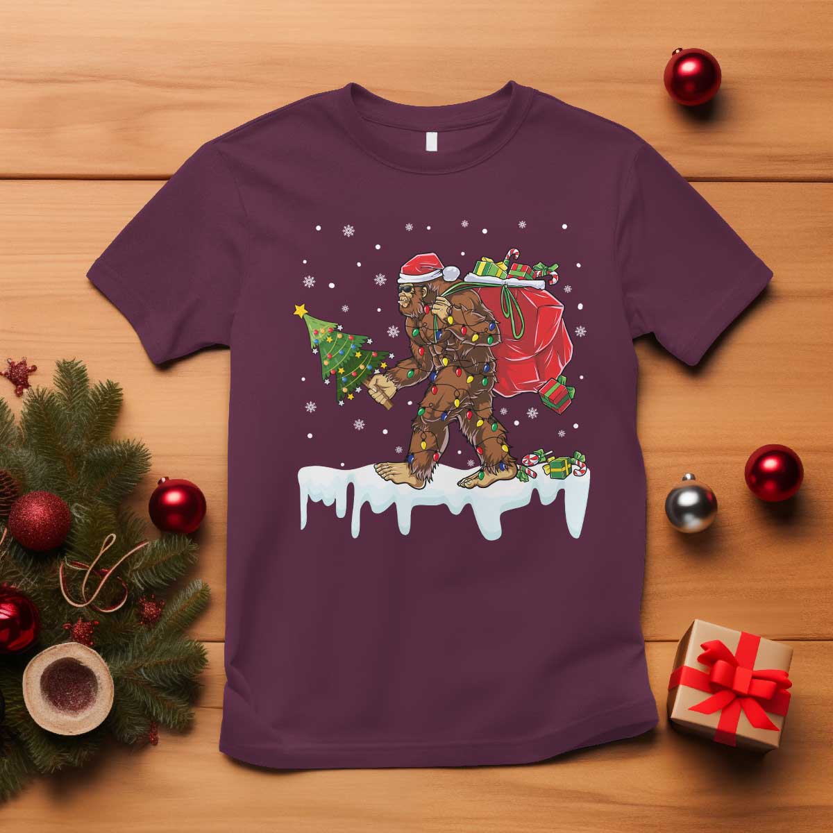 Bigfoot Christmas Tree Lights T Shirt Believe Xmas Sasquatch Lovers Funny TS10 Maroon Print Your Wear