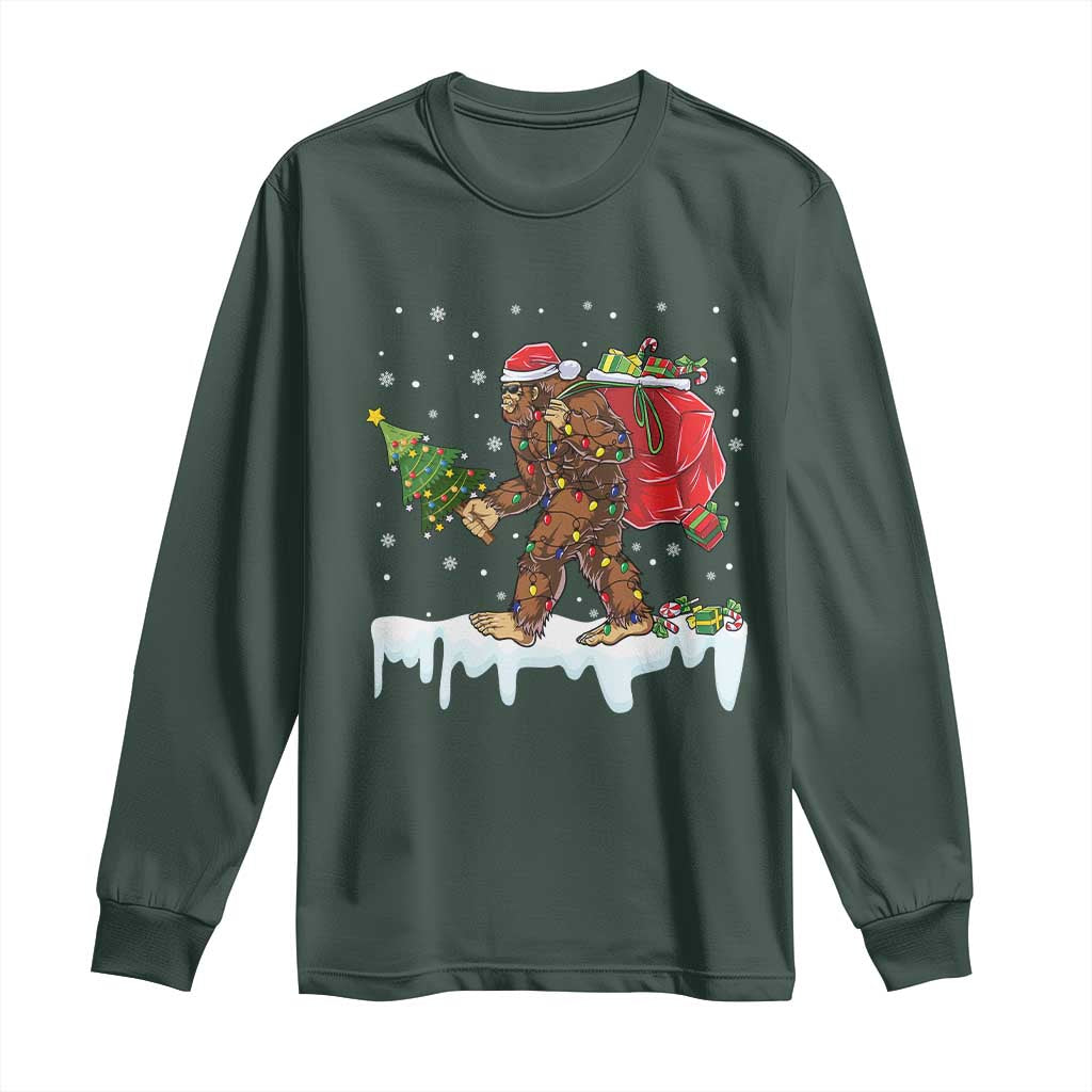 Bigfoot Christmas Tree Lights Long Sleeve Shirt Believe Xmas Sasquatch Lovers Funny TS10 Dark Forest Green Print Your Wear