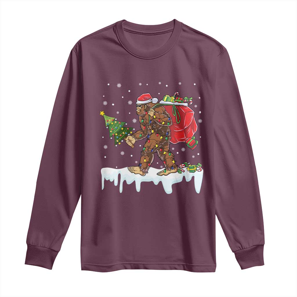 Bigfoot Christmas Tree Lights Long Sleeve Shirt Believe Xmas Sasquatch Lovers Funny TS10 Maroon Print Your Wear
