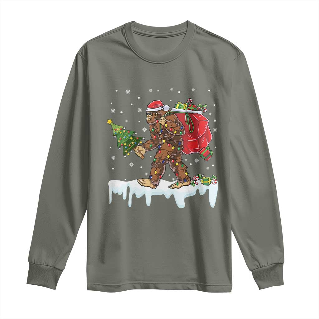 Bigfoot Christmas Tree Lights Long Sleeve Shirt Believe Xmas Sasquatch Lovers Funny TS10 Military Green Print Your Wear