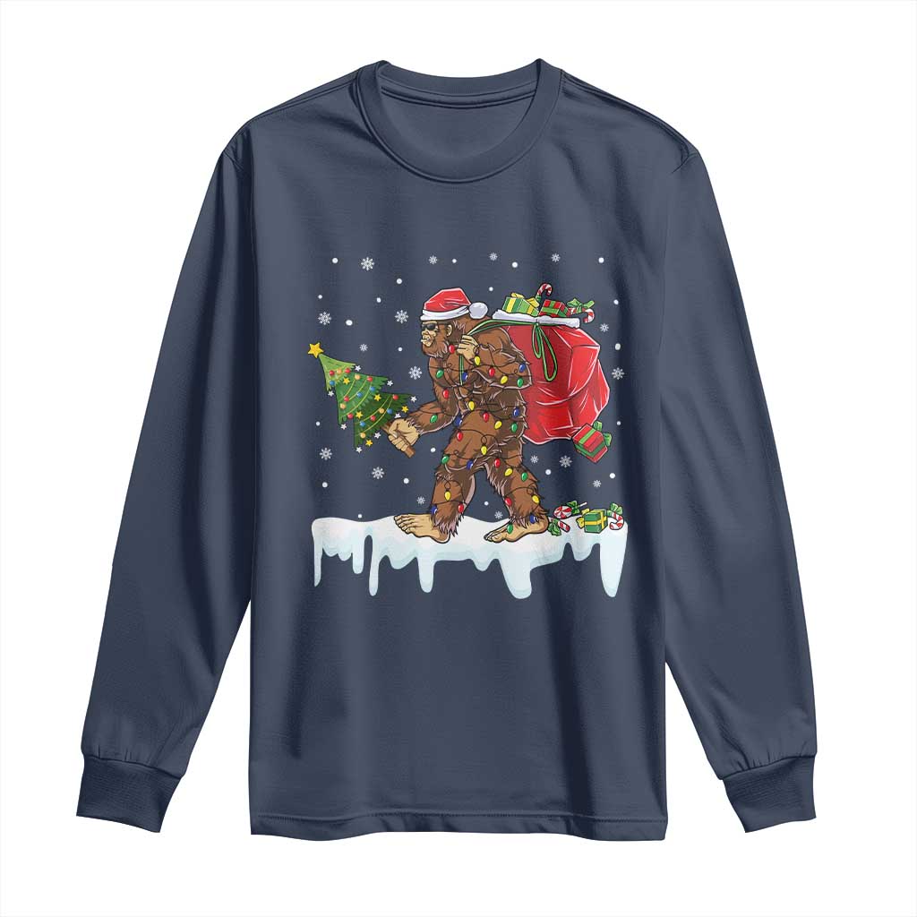 Bigfoot Christmas Tree Lights Long Sleeve Shirt Believe Xmas Sasquatch Lovers Funny TS10 Navy Print Your Wear