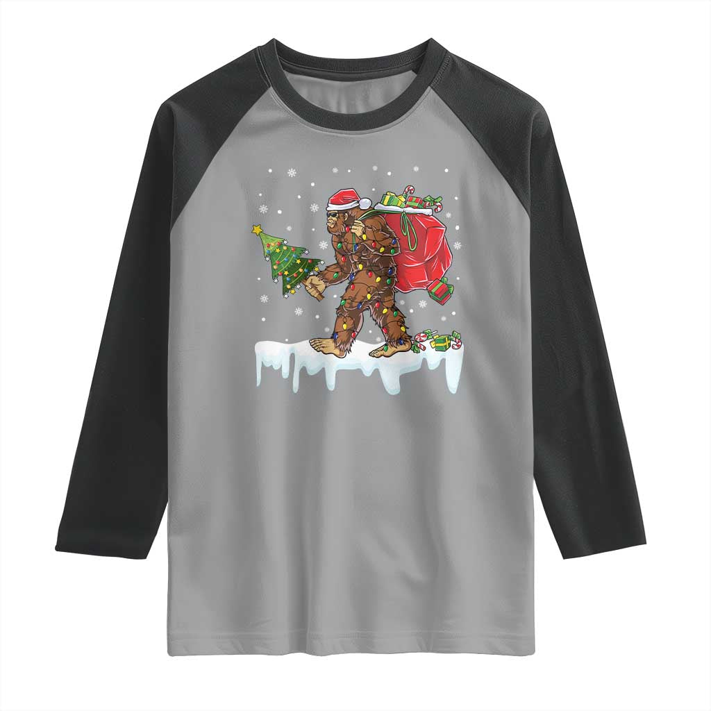 Bigfoot Christmas Tree Lights Raglan Shirt Believe Xmas Sasquatch Lovers Funny TS10 Sport Gray Black Print Your Wear