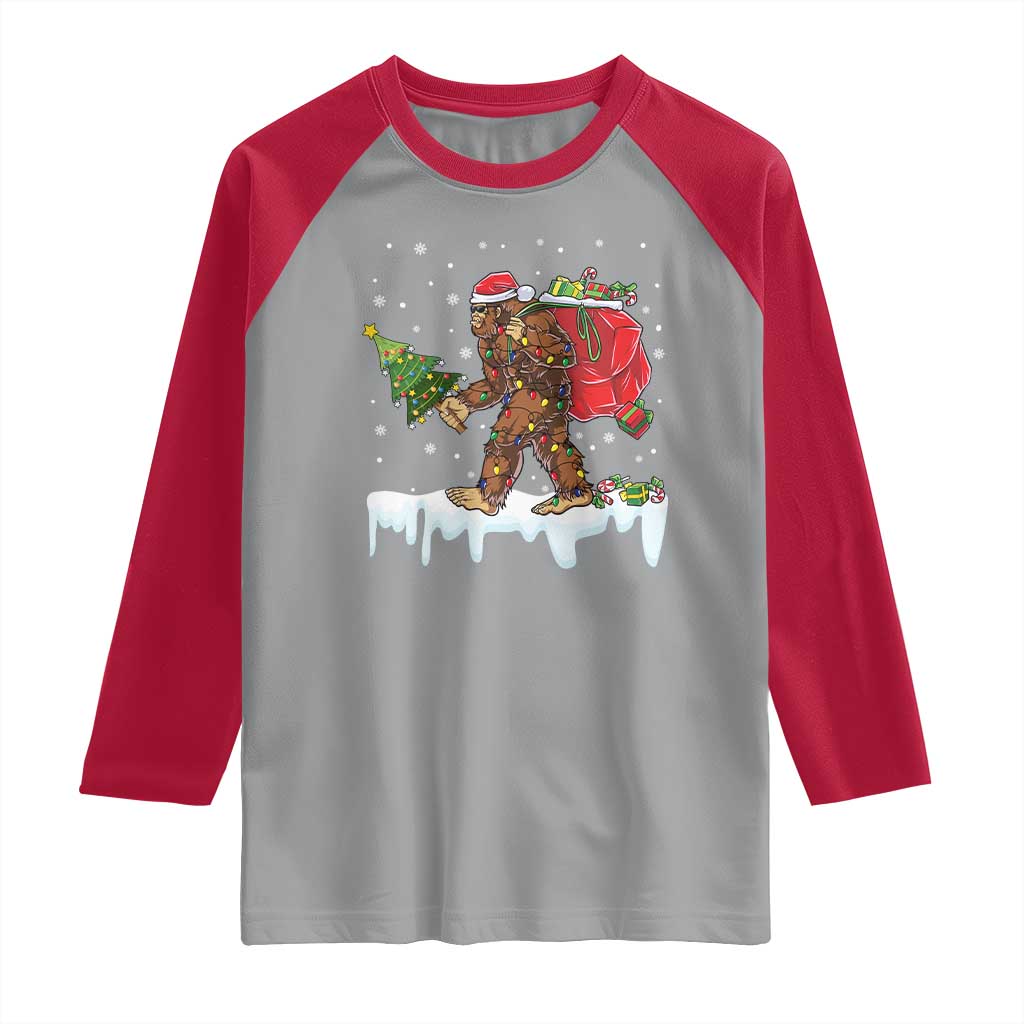 Bigfoot Christmas Tree Lights Raglan Shirt Believe Xmas Sasquatch Lovers Funny TS10 Sport Gray Red Print Your Wear