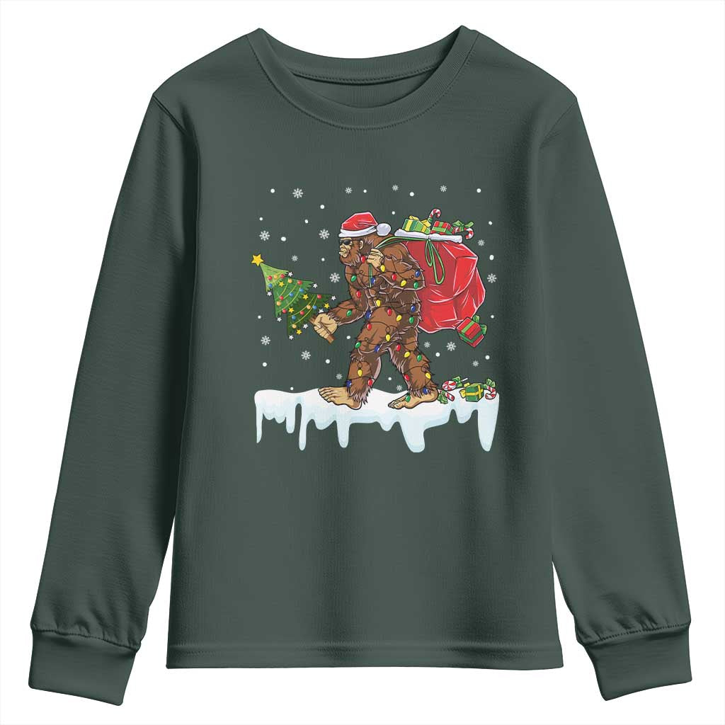 Bigfoot Christmas Tree Lights Youth Sweatshirt Believe Xmas Sasquatch Lovers Funny TS10 Dark Forest Green Print Your Wear