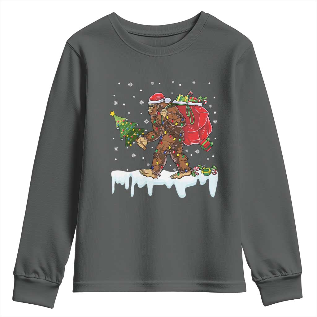 Bigfoot Christmas Tree Lights Youth Sweatshirt Believe Xmas Sasquatch Lovers Funny TS10 Dark Heather Print Your Wear