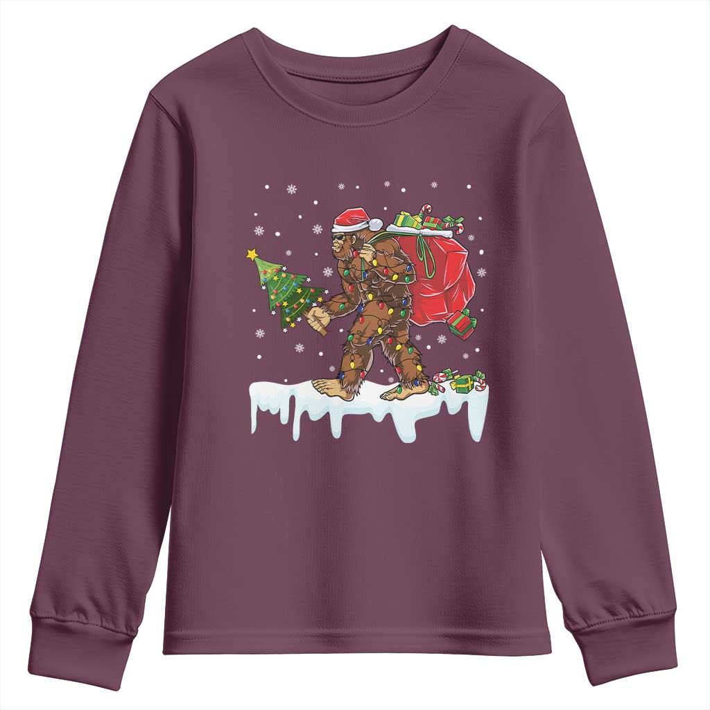 Bigfoot Christmas Tree Lights Youth Sweatshirt Believe Xmas Sasquatch Lovers Funny TS10 Maroon Print Your Wear