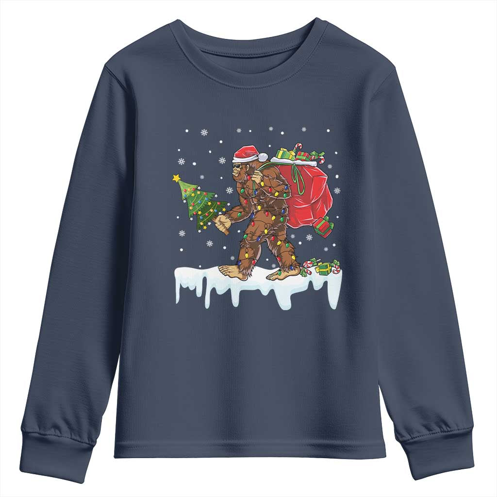 Bigfoot Christmas Tree Lights Youth Sweatshirt Believe Xmas Sasquatch Lovers Funny TS10 Navy Print Your Wear