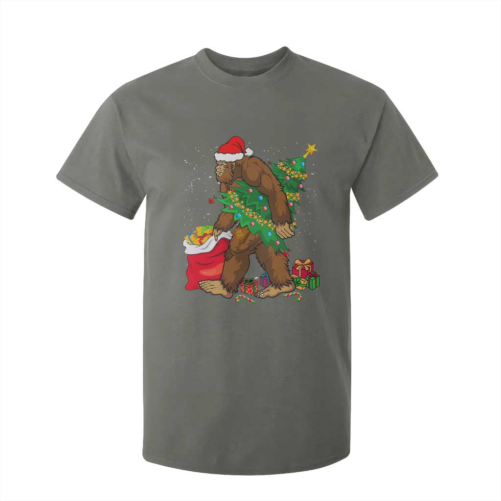 Bigfoot Christmas T Shirt For Kid Believe Sasquatch Lovers Xmas Tree Lights TS10 Military Green Print Your Wear