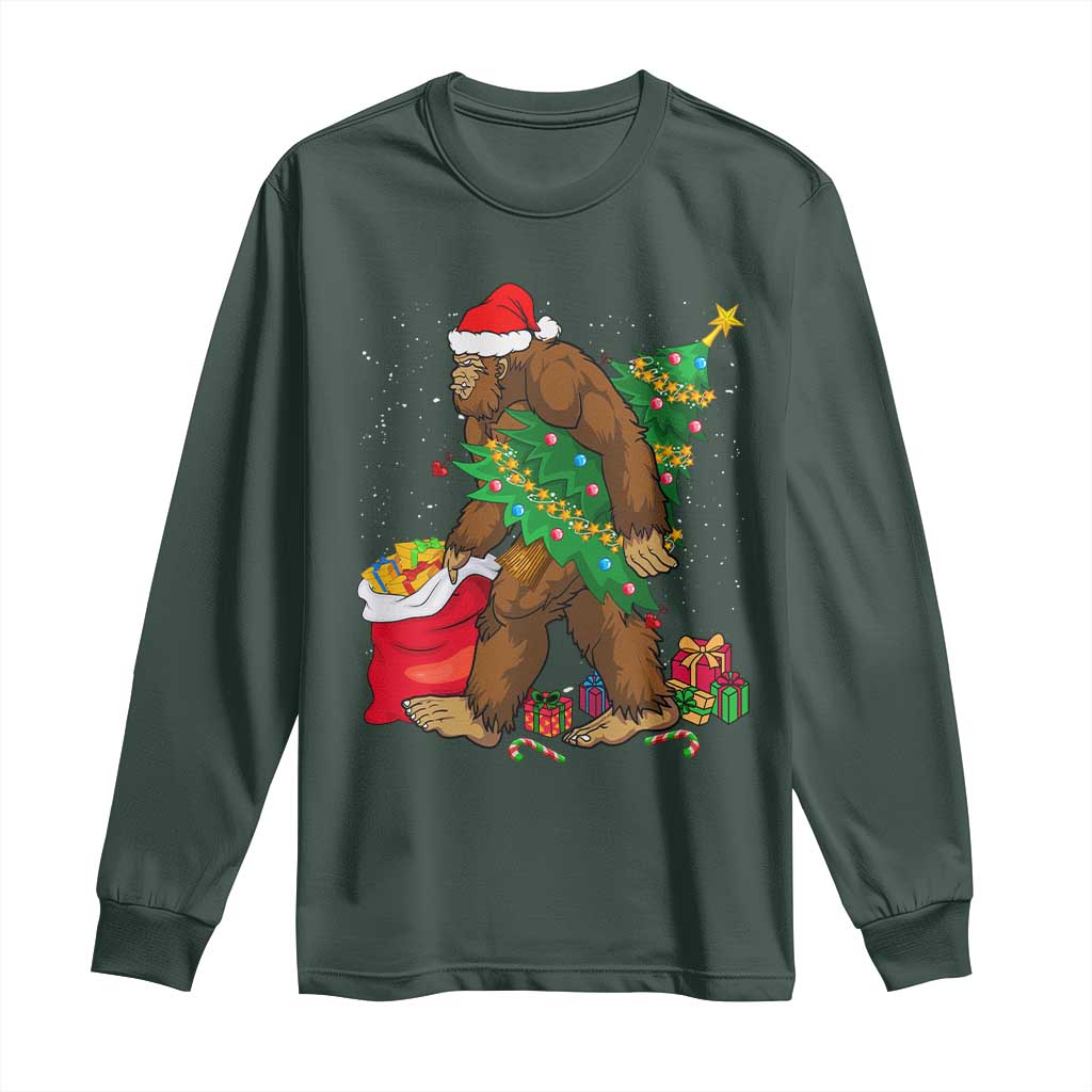 Bigfoot Christmas Long Sleeve Shirt Believe Sasquatch Lovers Xmas Tree Lights TS10 Dark Forest Green Print Your Wear