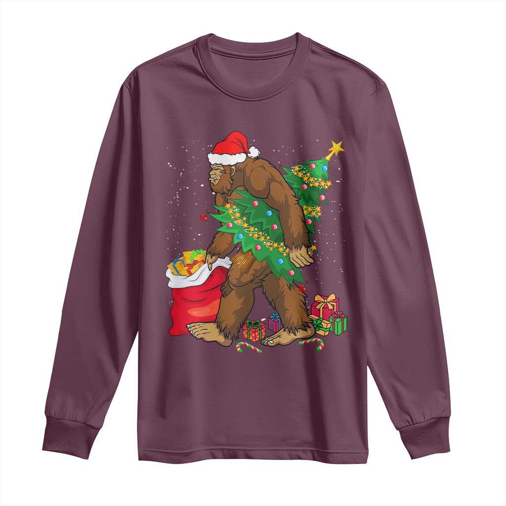 Bigfoot Christmas Long Sleeve Shirt Believe Sasquatch Lovers Xmas Tree Lights TS10 Maroon Print Your Wear