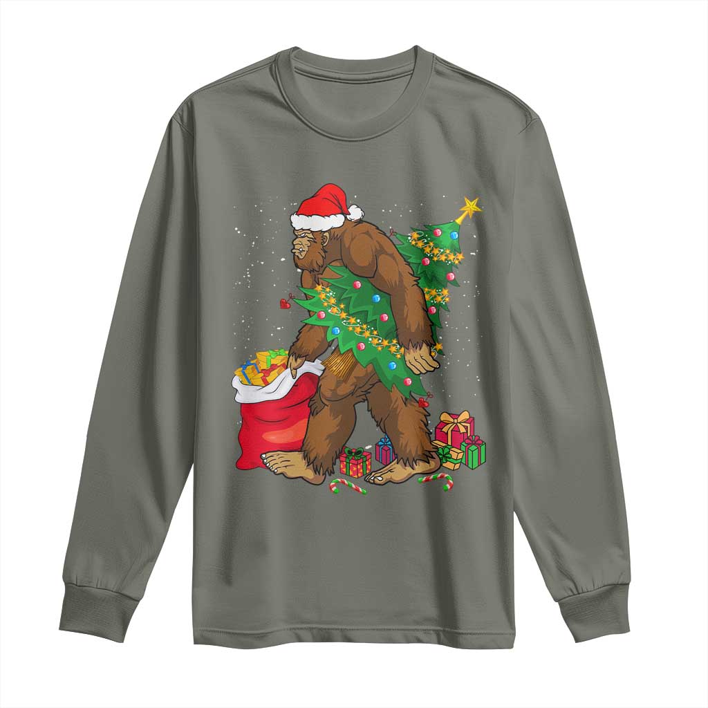 Bigfoot Christmas Long Sleeve Shirt Believe Sasquatch Lovers Xmas Tree Lights TS10 Military Green Print Your Wear
