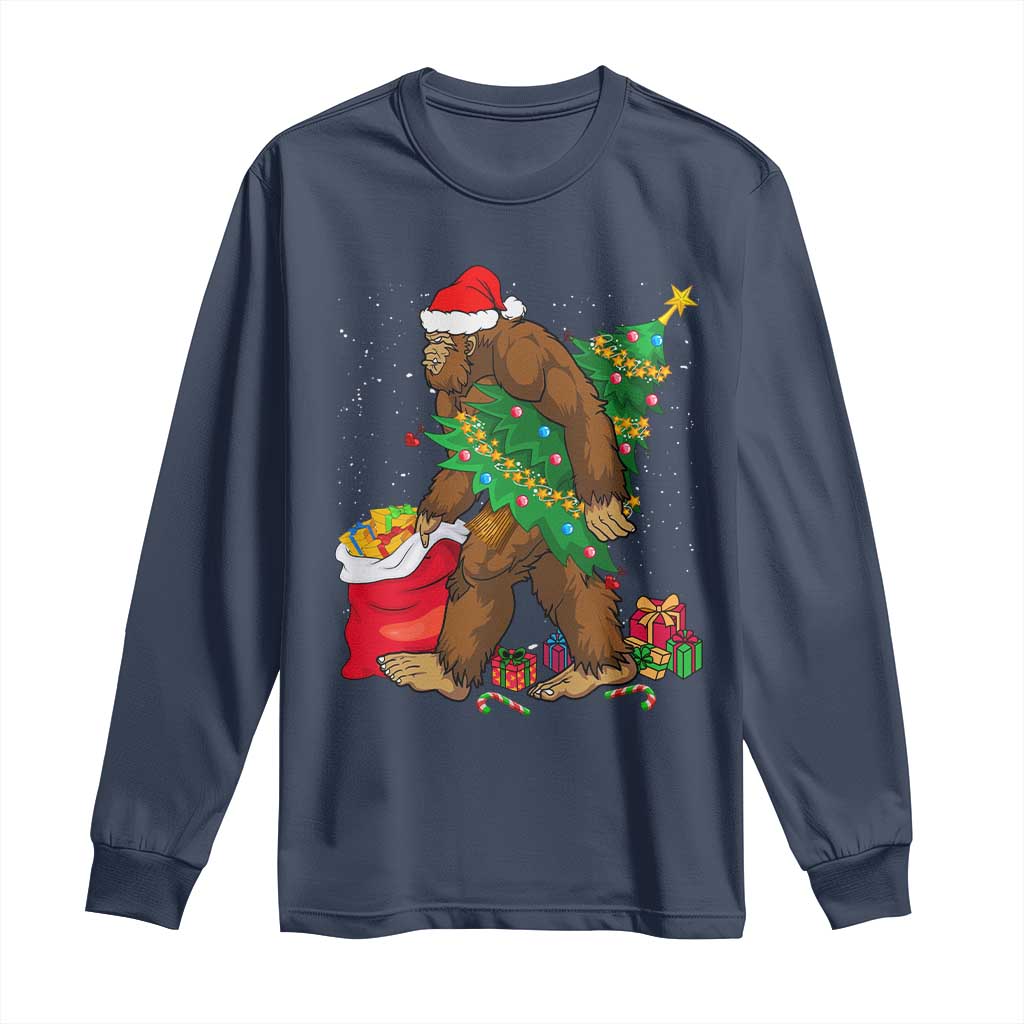 Bigfoot Christmas Long Sleeve Shirt Believe Sasquatch Lovers Xmas Tree Lights TS10 Navy Print Your Wear