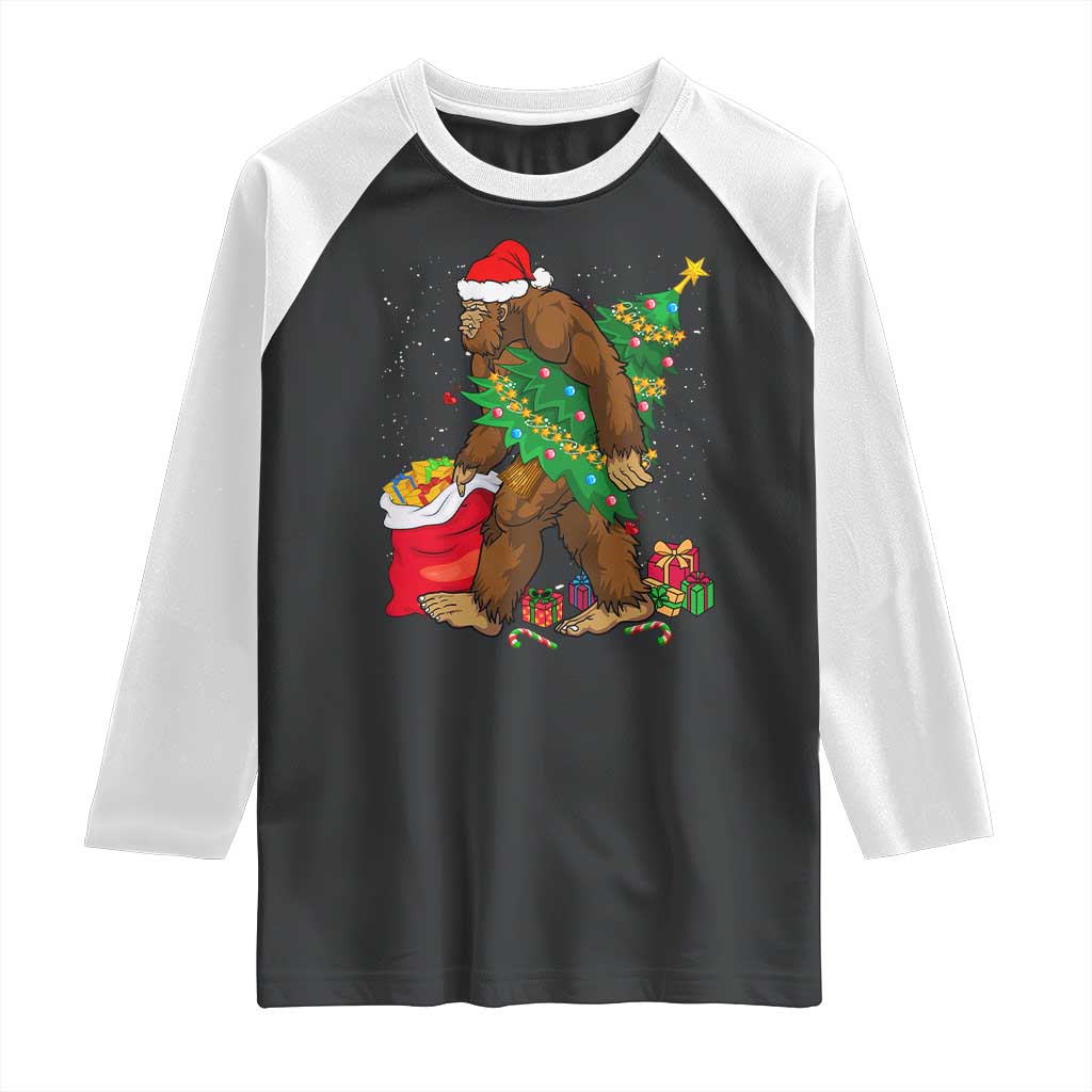 Bigfoot Christmas Raglan Shirt Believe Sasquatch Lovers Xmas Tree Lights TS10 Black White Print Your Wear