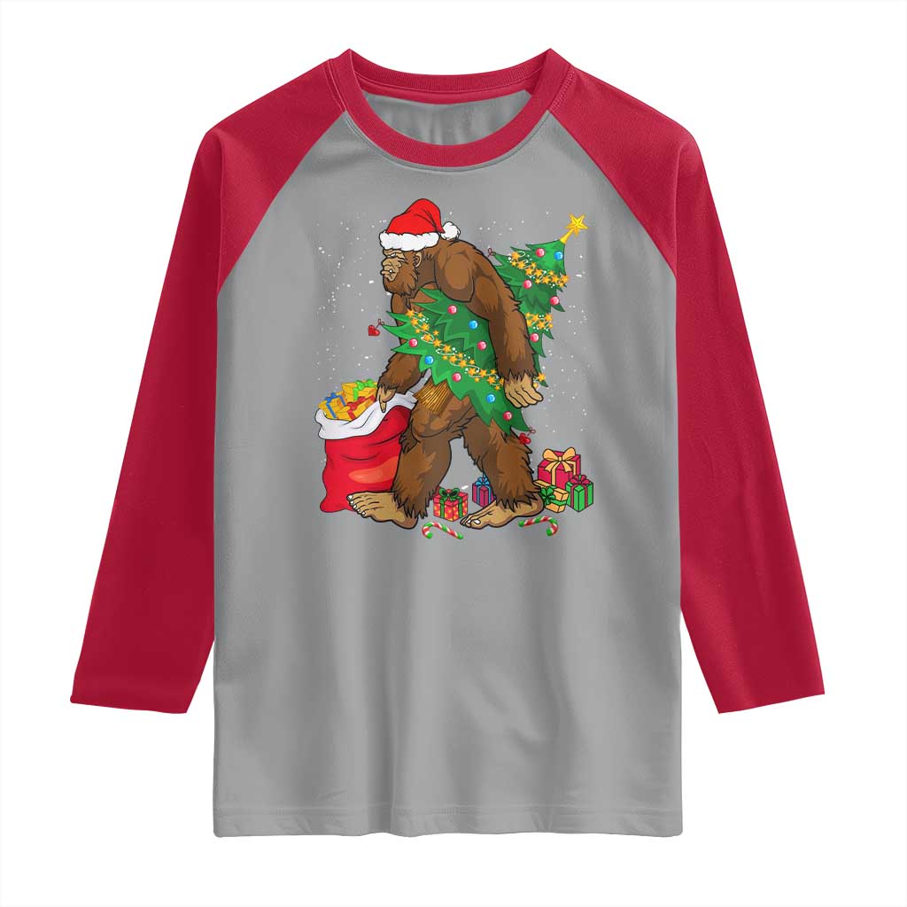 Bigfoot Christmas Raglan Shirt Believe Sasquatch Lovers Xmas Tree Lights TS10 Sport Gray Red Print Your Wear