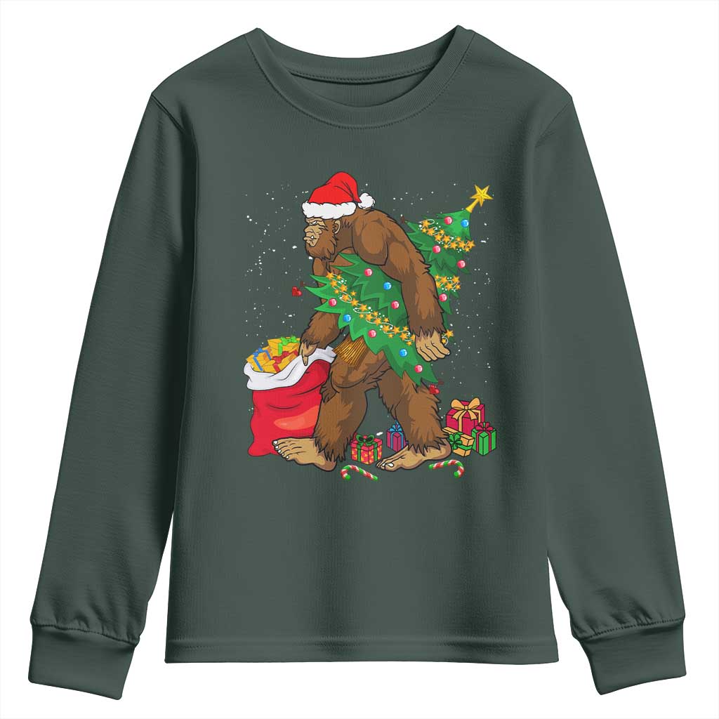 Bigfoot Christmas Youth Sweatshirt Believe Sasquatch Lovers Xmas Tree Lights TS10 Dark Forest Green Print Your Wear