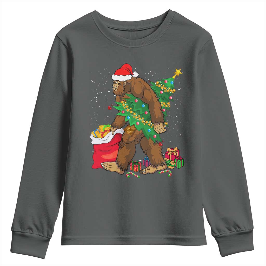 Bigfoot Christmas Youth Sweatshirt Believe Sasquatch Lovers Xmas Tree Lights TS10 Dark Heather Print Your Wear