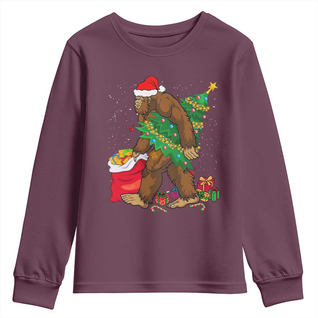 Bigfoot Christmas Youth Sweatshirt Believe Sasquatch Lovers Xmas Tree Lights TS10 Maroon Print Your Wear
