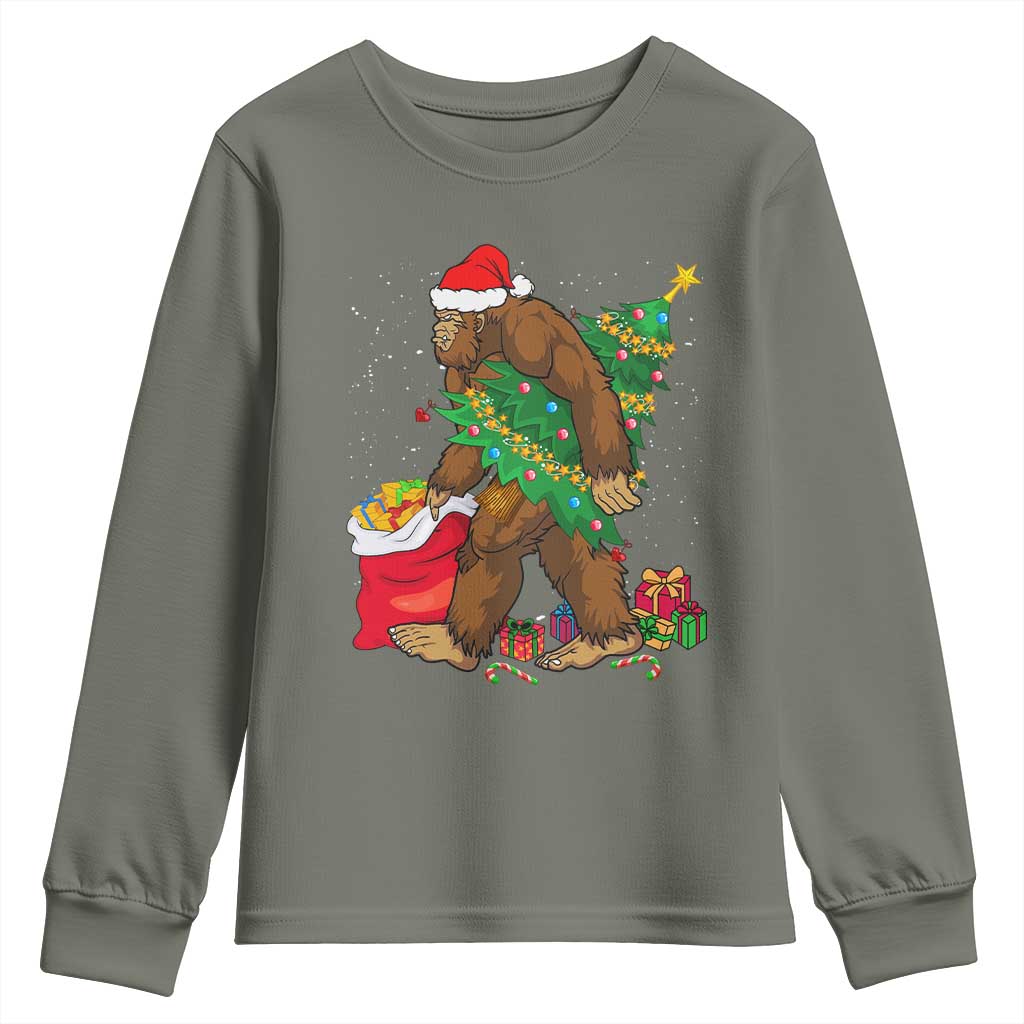 Bigfoot Christmas Youth Sweatshirt Believe Sasquatch Lovers Xmas Tree Lights TS10 Military Green Print Your Wear